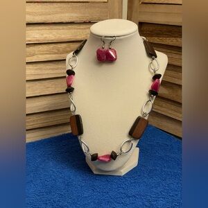 Pink and Brown Beaded Necklace with Earrings